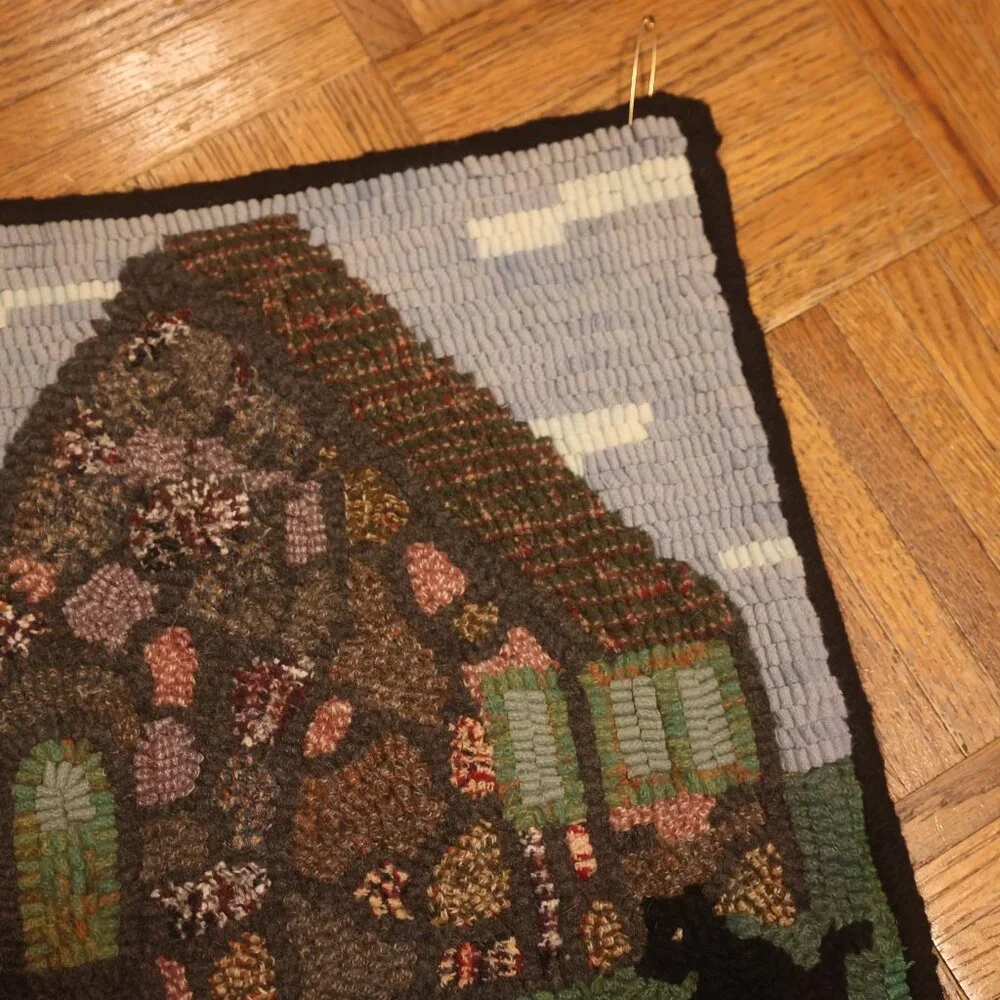 HAND HOOKED Rug Summer Lake House Boat Scene FOLK ART River 25x19